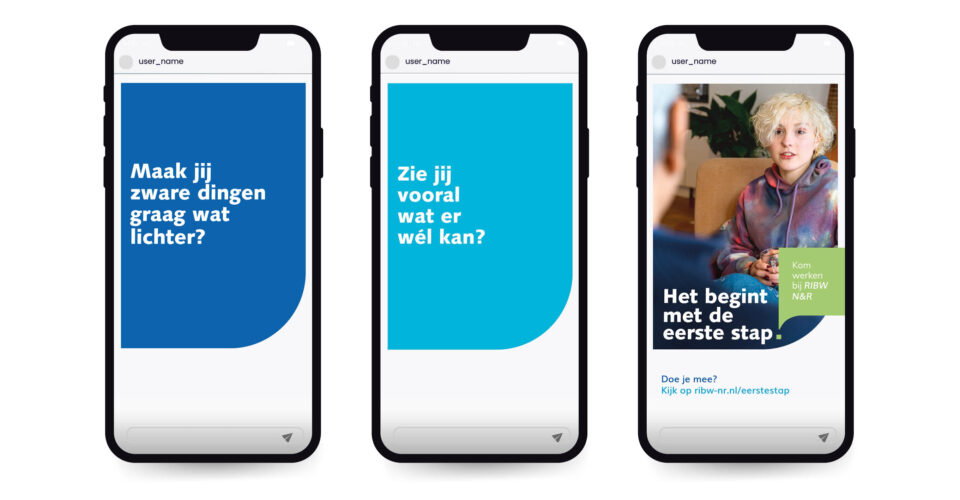 Drie telefoons naast elkaar, waarop een socialpost voor het werkgeversmerk van RIBW te zien is.